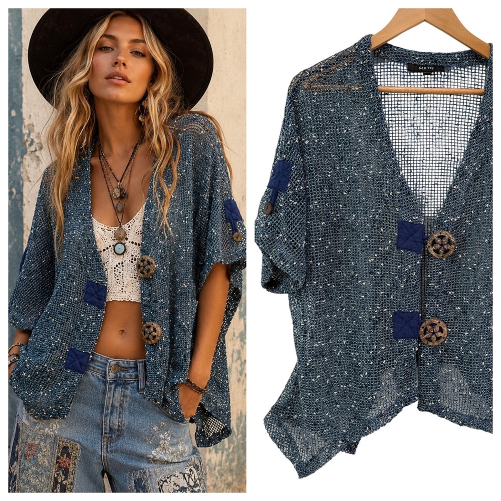 Vintage Loose Open Knit Mesh Cardigan L Blue Fisherman Wood Button Front Boho